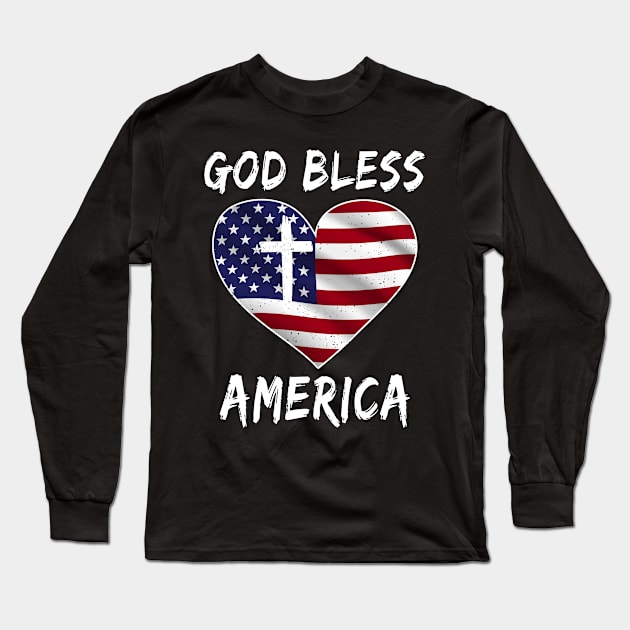 God Bless American Flag Heart Long Sleeve T-Shirt by NatalitaJK